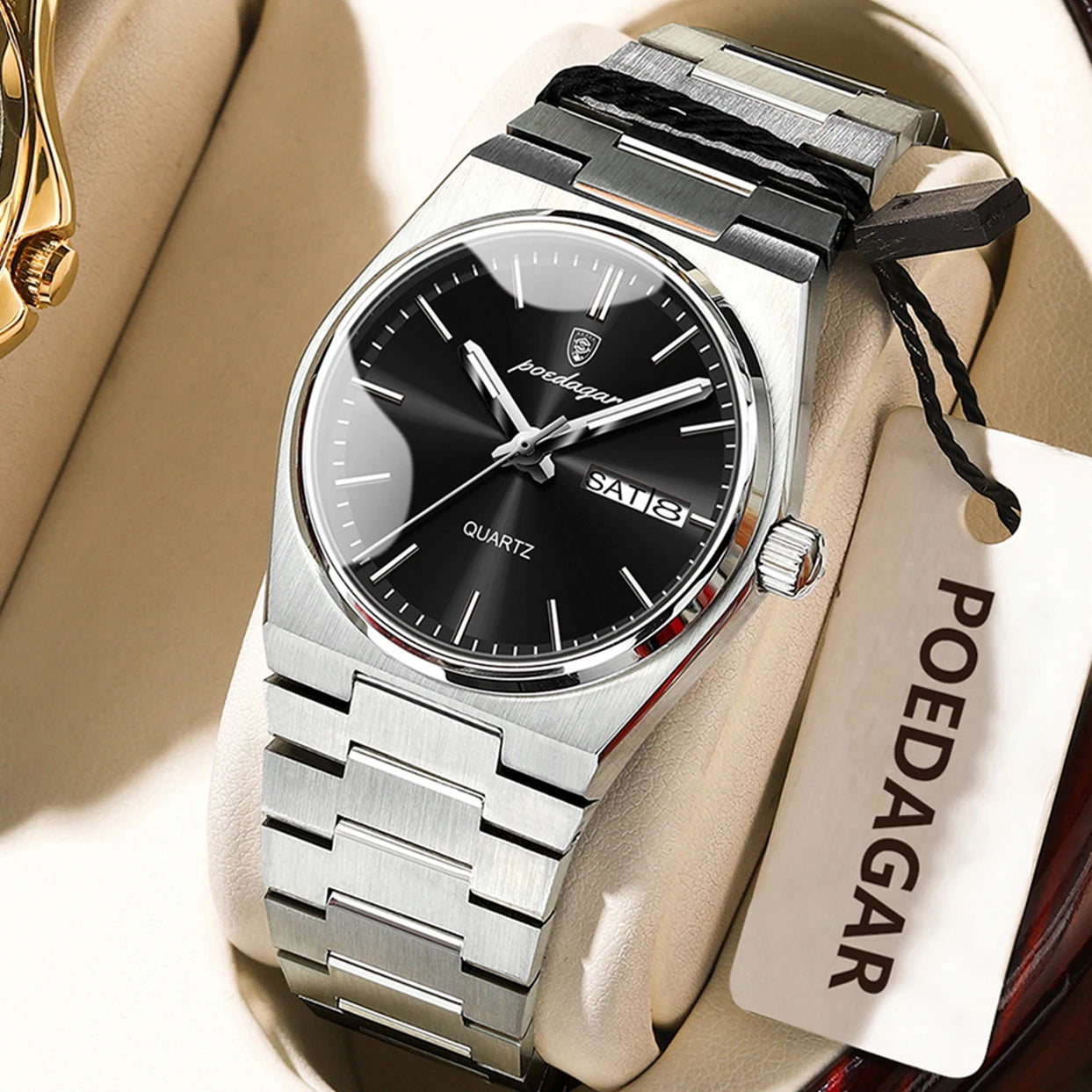POEDAGAR Elegant Woman's Watch Date Week Waterproof Luminous Ladies Clock Quartz Stainless Steel Fashion Watches For Women Reloj