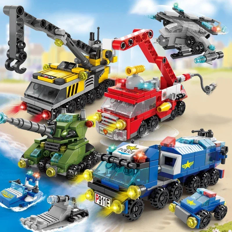 City Fire Car Building Blocks for Children, Police Truck, Engineering Crane, Tank, Helicopter Bricks Set Toys for Kids, 6in 1
