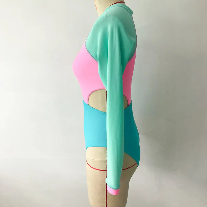 New Patchwork One-Piece Swimsuit Long Sleeve Swimwear Sports Backless Women's Swimming Bathing Suit Beach Wear Bather Surfing
