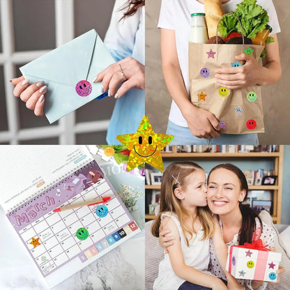 500 Pcs Smile Face Stickers Roll Laser Colorful Happy Face Sticker for Classroom Back to School Birthday Teacher Reward,1inch