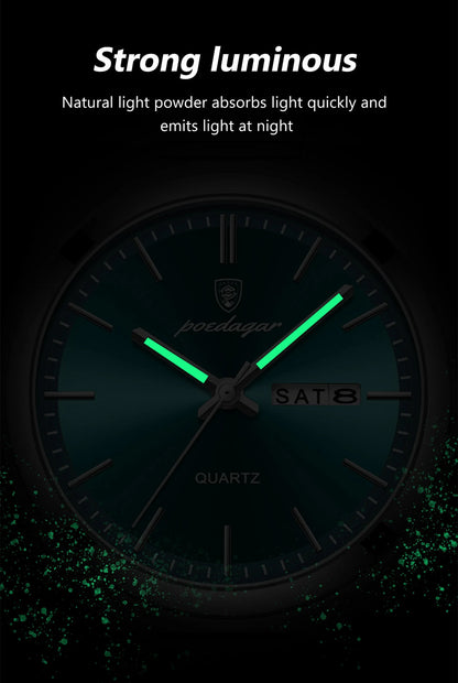 POEDAGAR Exquisite Business Men Watch Stainless Steel Waterproof Luminous Man Wristwatch Date Week Classic Men's Quartz Watches