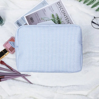 Seersucker Ruffle Cosmetic Bags Pink/Purple Striped Storage Make Up Bags for Women Lady with Zipper Travel Bag Makeup Bag