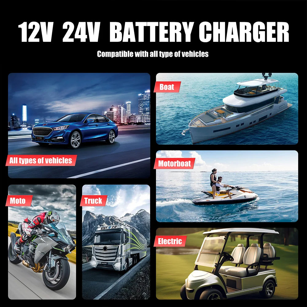 12V 24V FOXSUR FPT-250 Car Battery Charger For Car Motorcycle Truck High-Power Booster Pulse Repair for Lead-Acid AGM LiFePo4