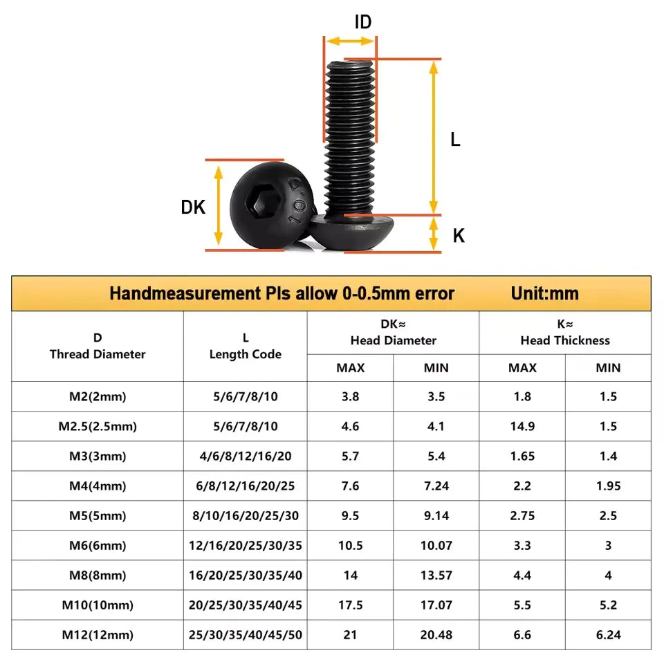10-200pcs Hexagon Hex Socket Head Screw ISO7380 M2 M2.5 M3 M4 M5 M6 M8 Black Grade 10.9 Steel Button Head Allen Bolt Screws