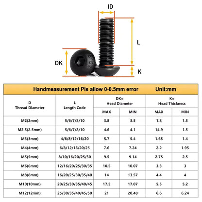 10-200pcs Hexagon Hex Socket Head Screw ISO7380 M2 M2.5 M3 M4 M5 M6 M8 Black Grade 10.9 Steel Button Head Allen Bolt Screws