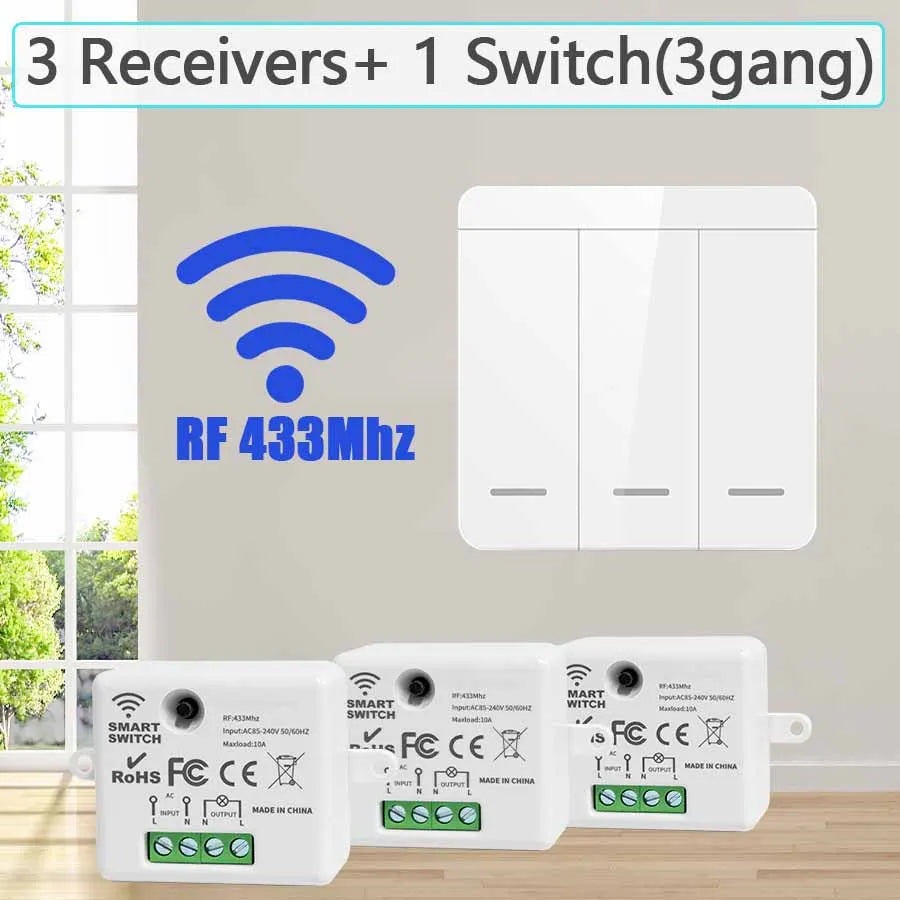 Wireless Light Wall Switch Relay Receiver RF 433Mhz 1/2/3Gang Panel Switch Remote Control Interruptor for LED Lamp 10A 110V 220V
