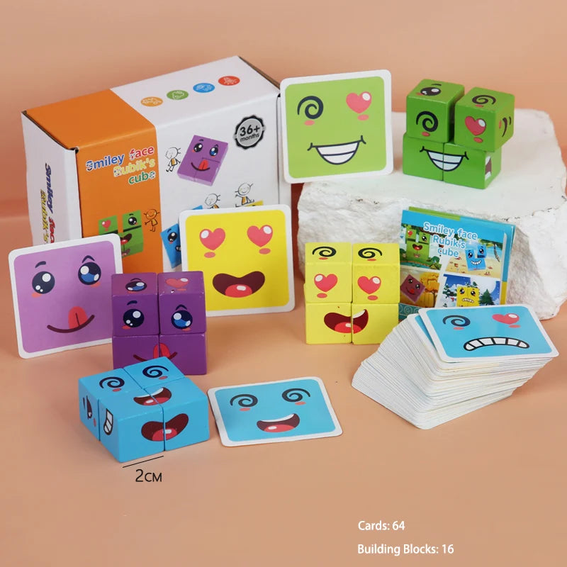 Children's Wooden Four Person Battle Face Changing Facial Expressions Magic Cube Building Blocks Wooden Interactive Games