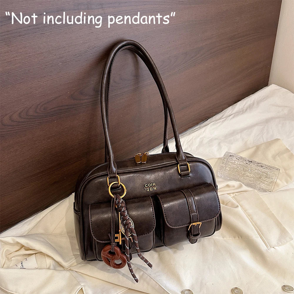 Women's Retro Solid Color Pu Leather Shoulder Bag with Multiple Pockets, Large Capacity, Exquisite and Fashionable Handbag