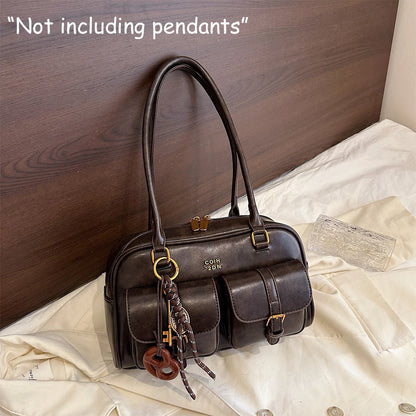 Women's Retro Solid Color Pu Leather Shoulder Bag with Multiple Pockets, Large Capacity, Exquisite and Fashionable Handbag