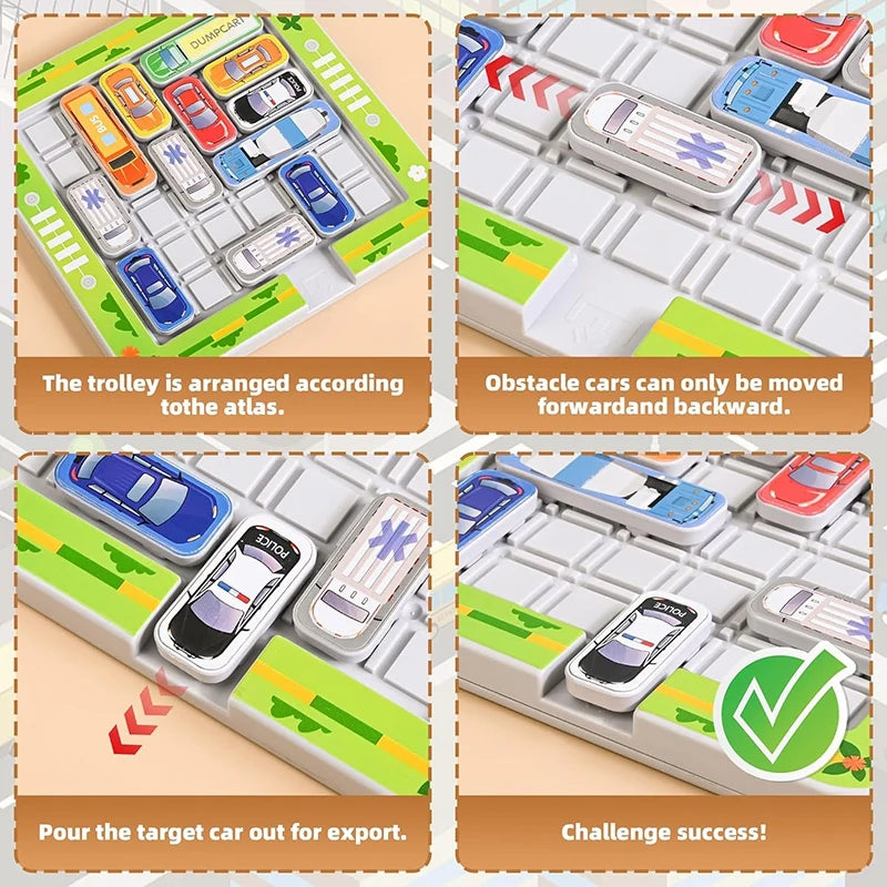 Children's educational puzzle game for logical thinking and concentration, parking lot with moving vehicles and maze toys