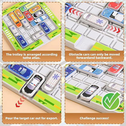 Children's educational puzzle game for logical thinking and concentration, parking lot with moving vehicles and maze toys