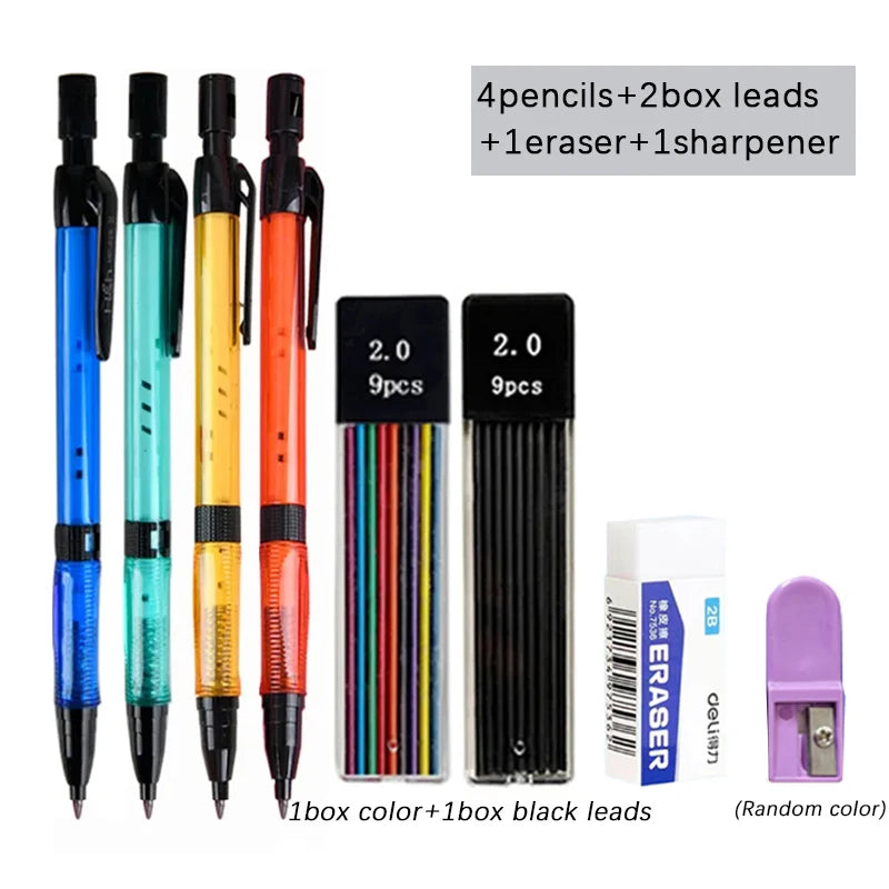 Mechanical Pencil Set 2.0mm with 2B Black/Colors Lead Refill for Writing Sketching Art Drawing Painting School Automatic Pencils