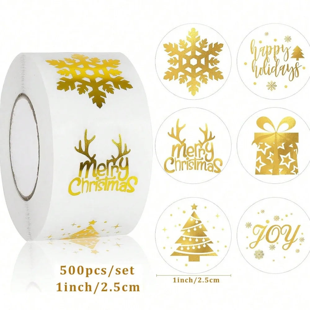 500pcs/Roll Golden Snowflake Christmas Stickers Transparent Self-Adhesive Decoration Holiday DIY Crafts Scrapbooking Supplies