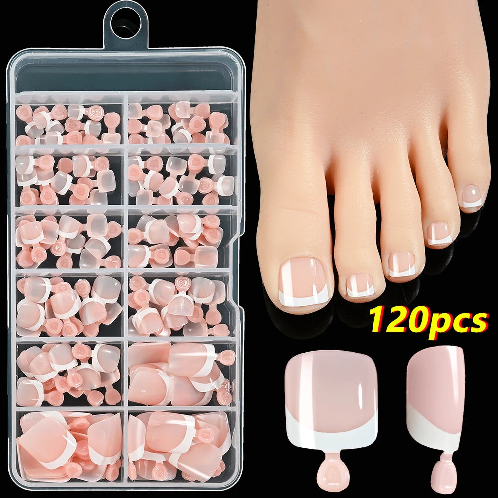 120Pcs 9-Colors French Fake Toenails Summer Short Sqaure Press On Toe Nails Tips Glossy Nude/Pink/Brown Full Cover False Toenail