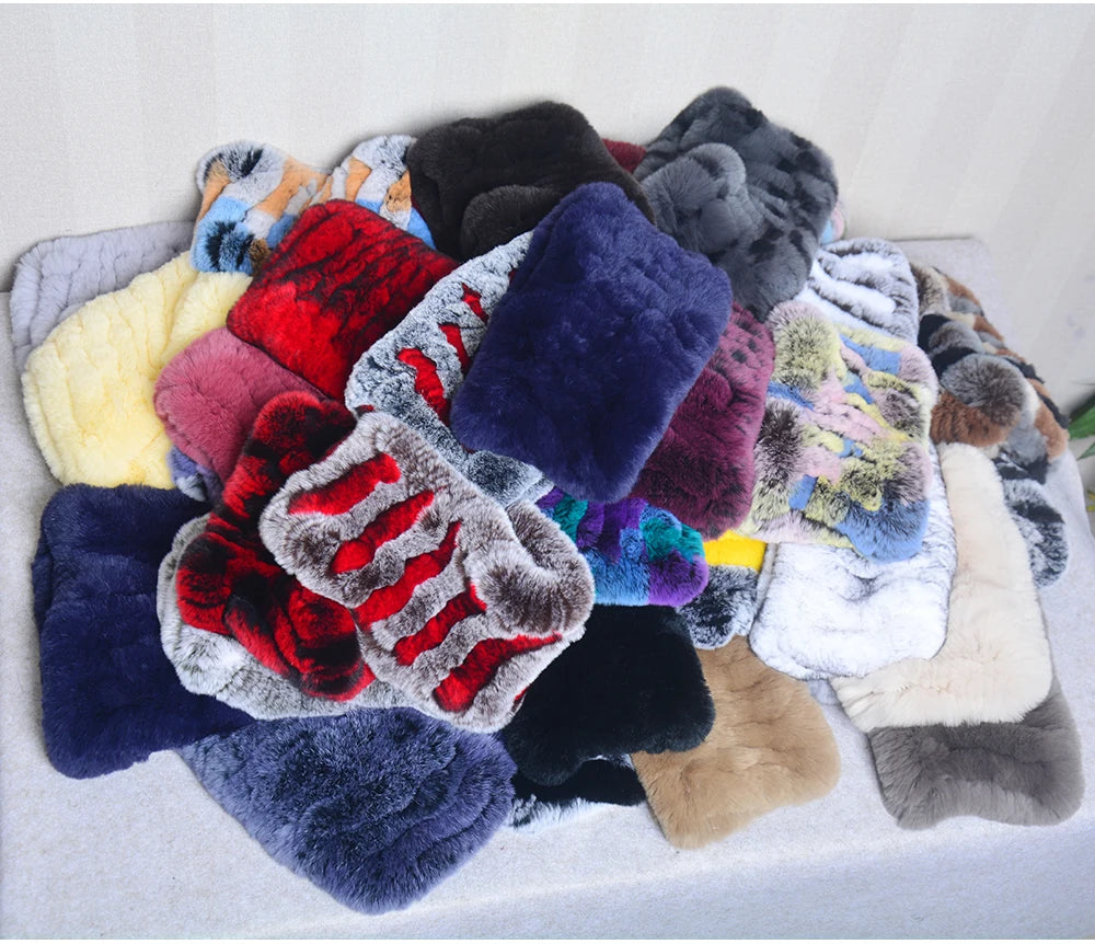 Women Handmade Stretch 100% Real Rabbit Fur Scarf Knit Genuine Rex Rabbit Fur Headbands Girls Natural Rabbit Fur Ring Scarves