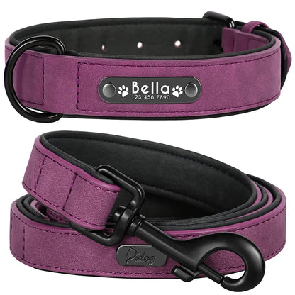 Custom Leather Dog Collar Leash Personalized Pet Collars and Leash Set Durable Leather Collar Lead for Small Medium Large Dogs