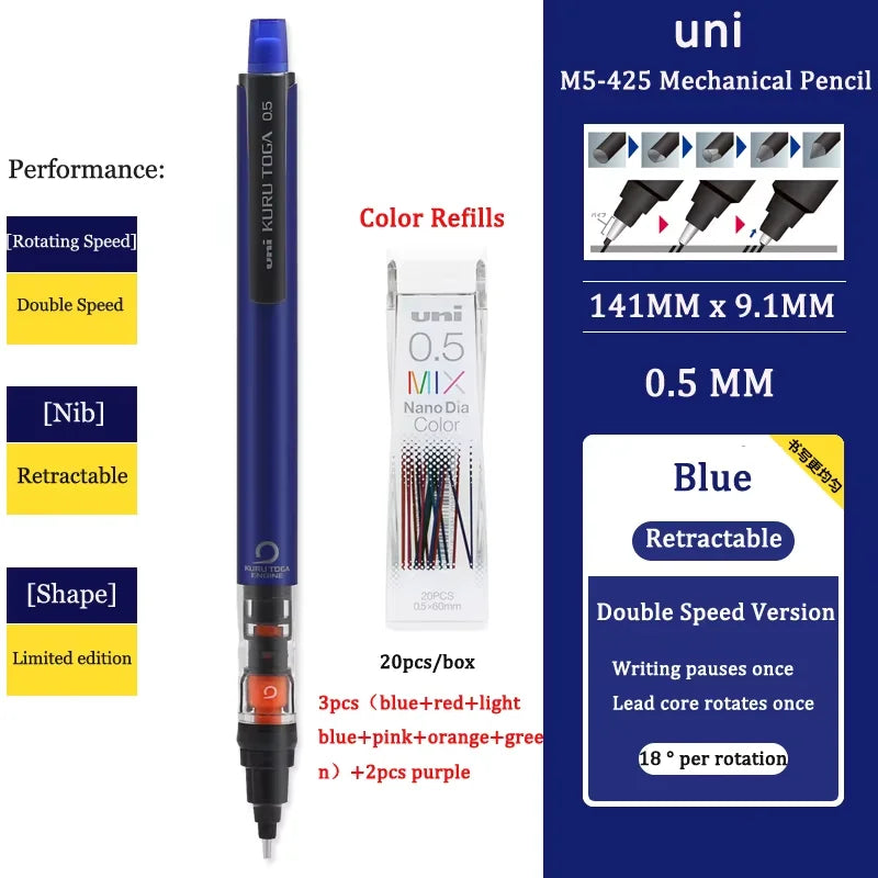 UNI KURUTOGA Mechanical Pencil M5-452 Creative Writing Continuous Sketch 0.5mm Lead Automatic Rotating Mechanical Pencil