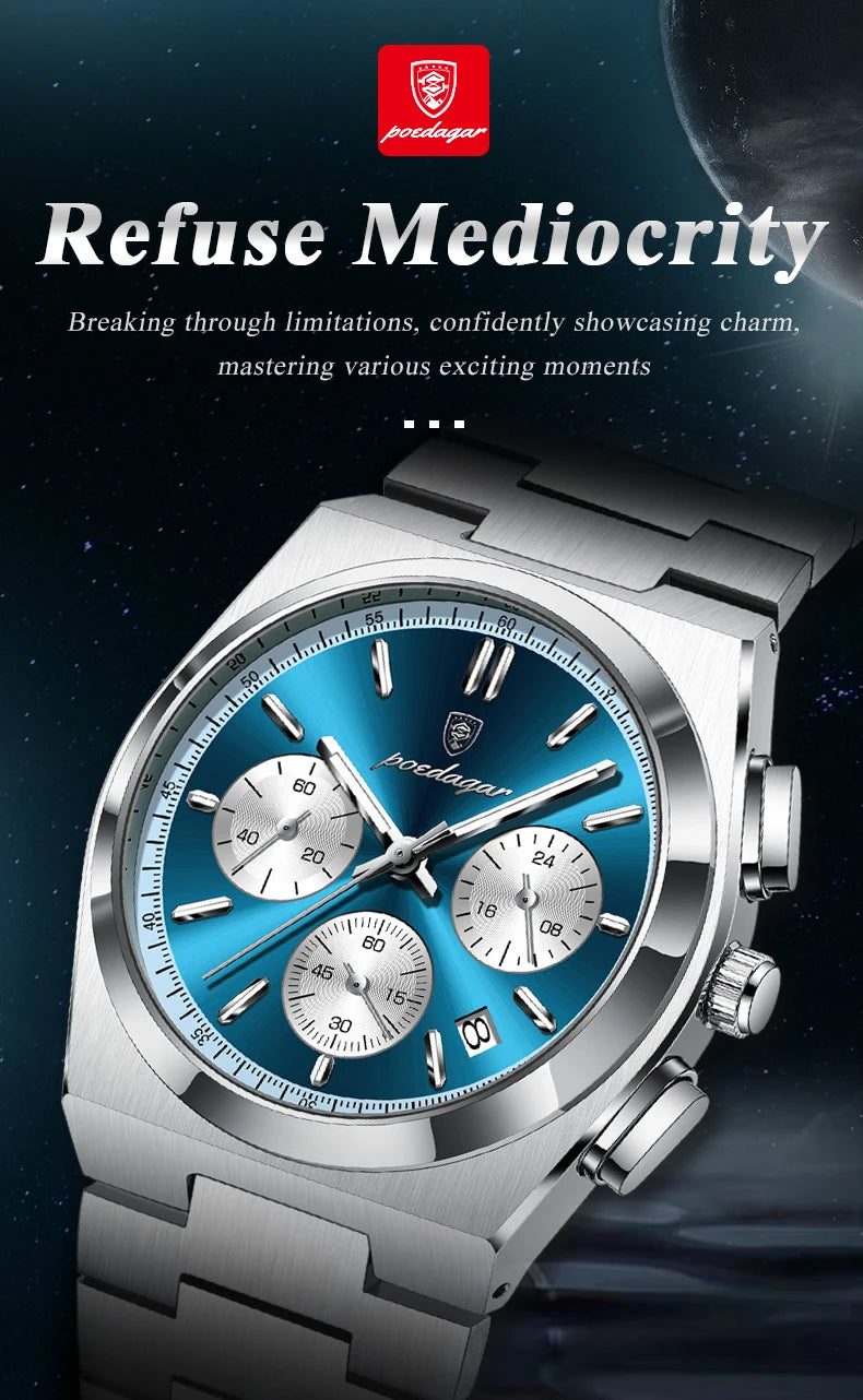 POEDAGAR Fashion Man Watches Chronograph Date Stainless Steel Casual Men Wristwatch Waterproof Luminous Men's Quartz Watch Reloj