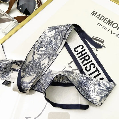 120*5cm Plant Jungle Printed Scarf for Women's Spring Summer New Model Emulated Silk Streamer Fashionable Retro Hairband Streame