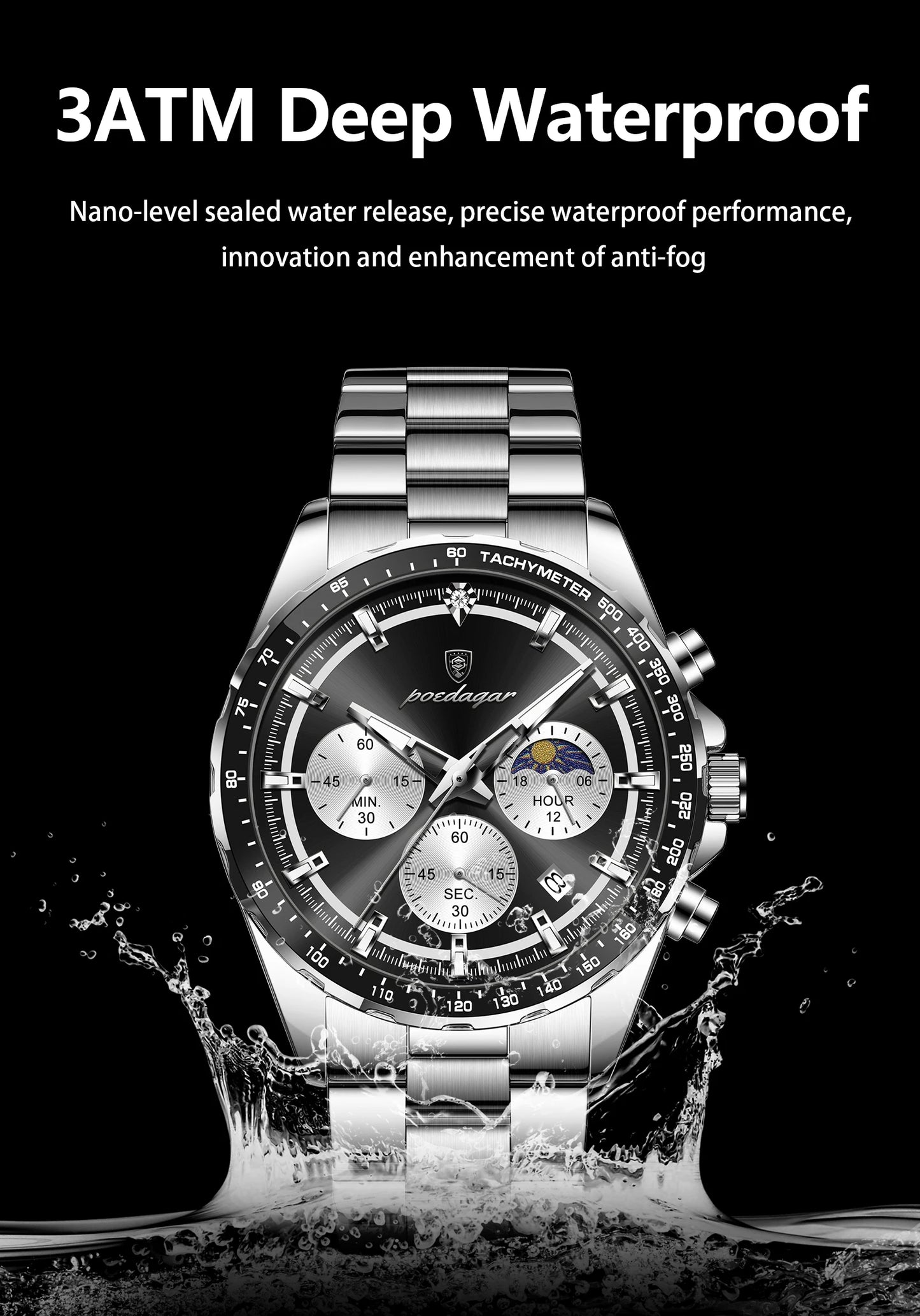 POEDAGAR Business Brand Man Wristwatch Waterproof Stainless Steel Luminous Men Watch Chronograph Date Men's Quartz Watches Reloj
