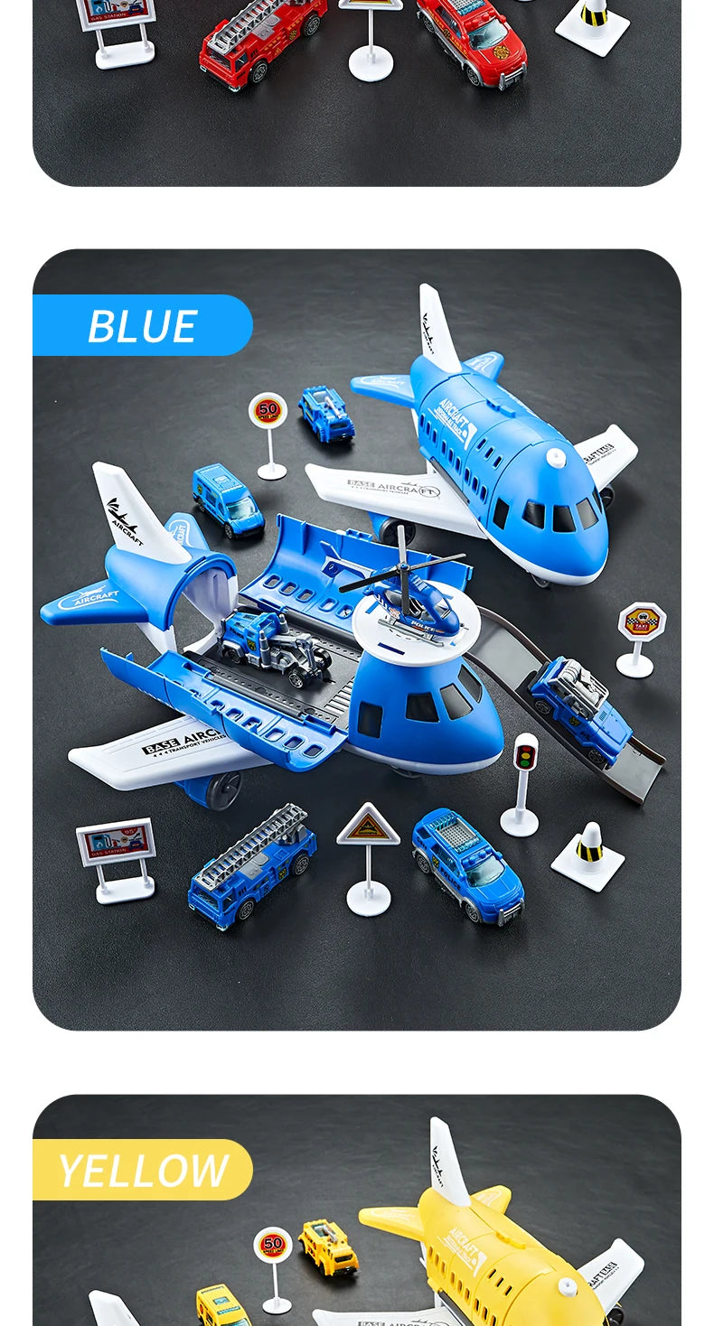 Children's Airplane Car Toy, Inertial Airplane Model, Equipped with 6 Road Signs Random 3 Cars 1 Helicopter, Christmas Gift
