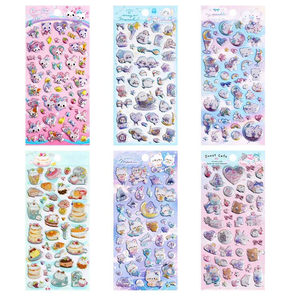 3 pcs/6 pcs Sweet Candy Pets Cat Coffee Cakes Flash Puffy 3D Stickers Scrapbooking Diy Diary Stationery Stickers School Supplies