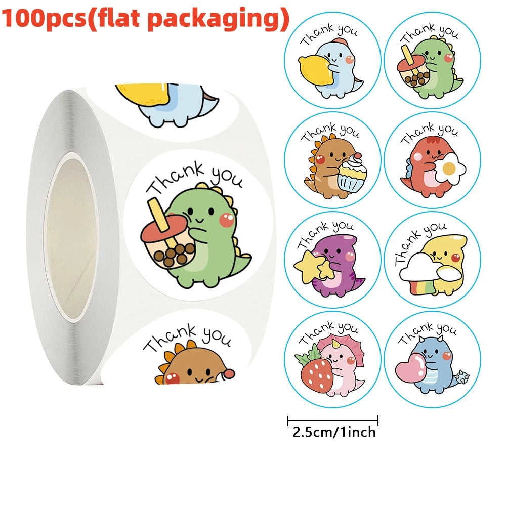 50/100/500pcs 1 Inch Thank You Stickers Cartoon Dinosaur Labels for Packaging Baking Labels Gifts Seal Decor Children's Stickers