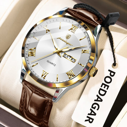POEDAGAR Business Brand Men Clock Waterproof Luminous Date Week Fashion Man Wristwatch Leather Luxury Men's Quartz Watches Reloj