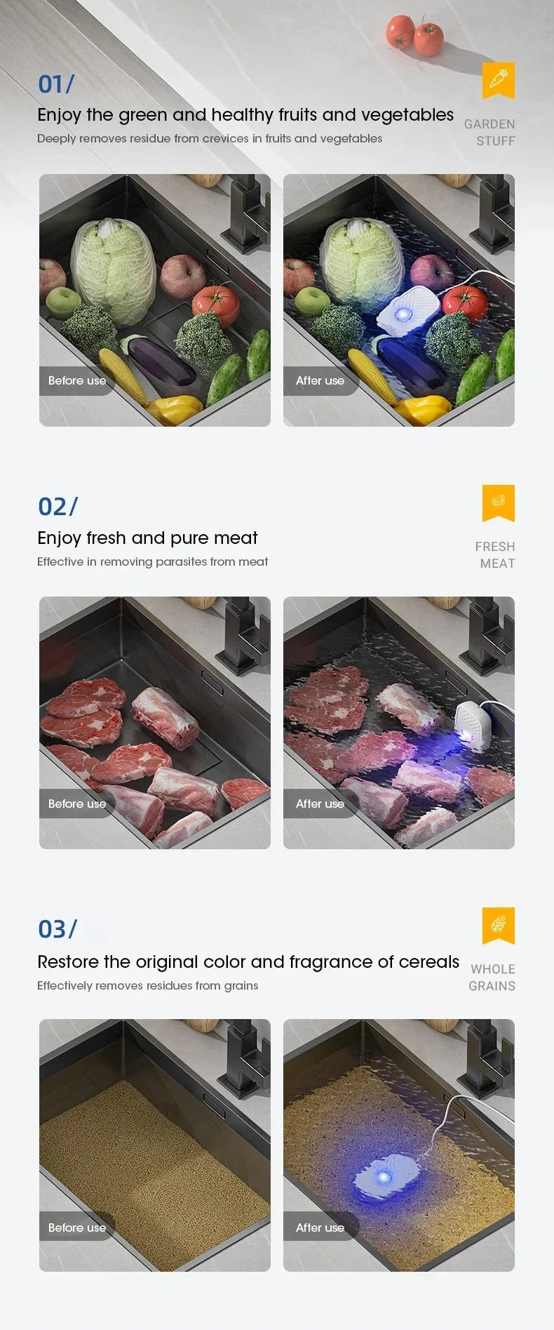 Portable Ultrasonic Vegetable and Fruit Cleaner IPX7 Waterproof Multifunctional Food Washer for Home Kitchen Use