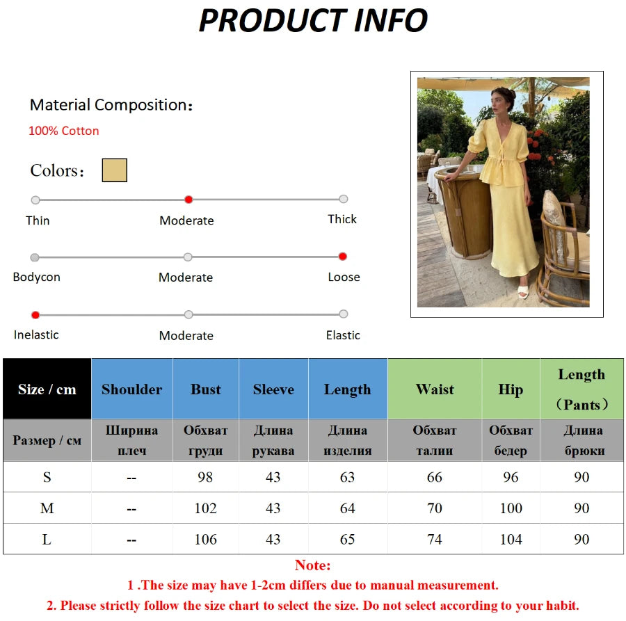 Bornladies 2025 Summer Women's 100% Cotton V-Neck Lace-Up Bubble Sleeve Shirt  Long Skirt Set Loose Casual Two-Piece Suit