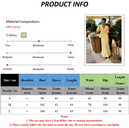 Bornladies 2025 Summer Women's 100% Cotton V-Neck Lace-Up Bubble Sleeve Shirt  Long Skirt Set Loose Casual Two-Piece Suit