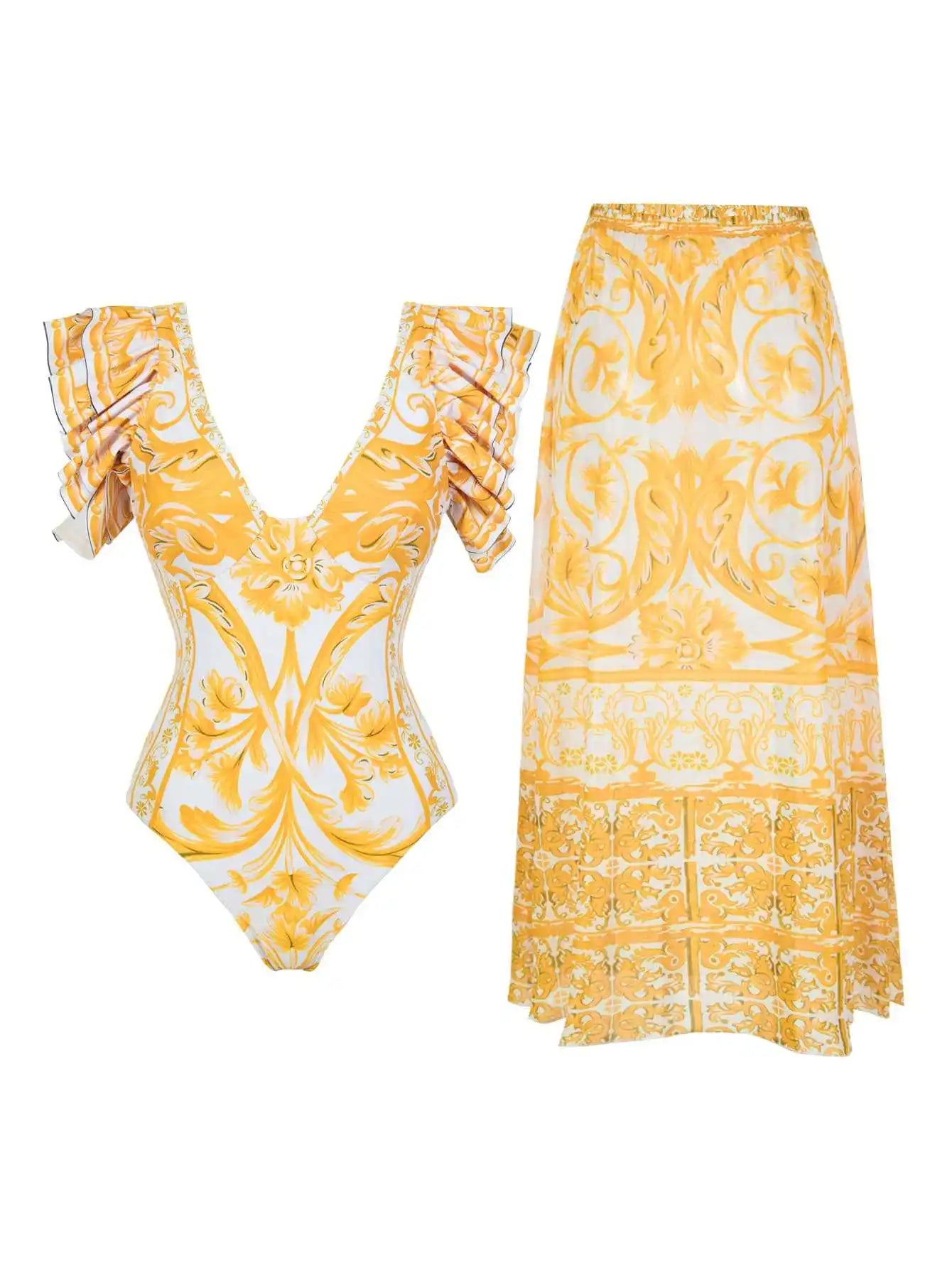 Blue One-Shoulder Ruffled Print Floral Swimsuit Set Cover Up Single Piece Micro Monokini Sexy Swimwear For Girls Summer Beach