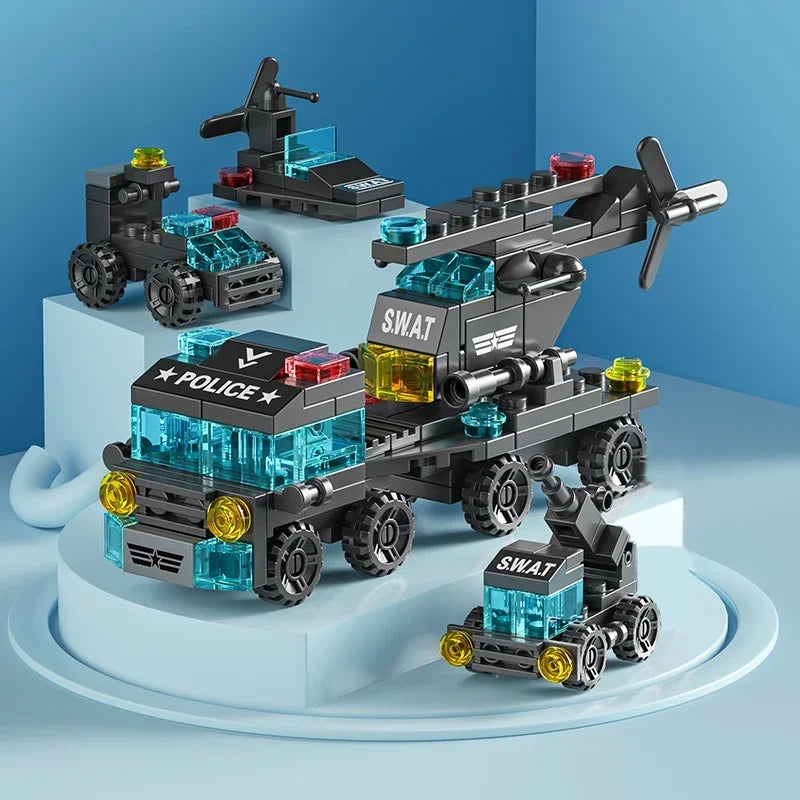 City Fire Car Building Blocks for Children, Police Truck, Engineering Crane, Tank, Helicopter Bricks Set Toys for Kids, 6in 1