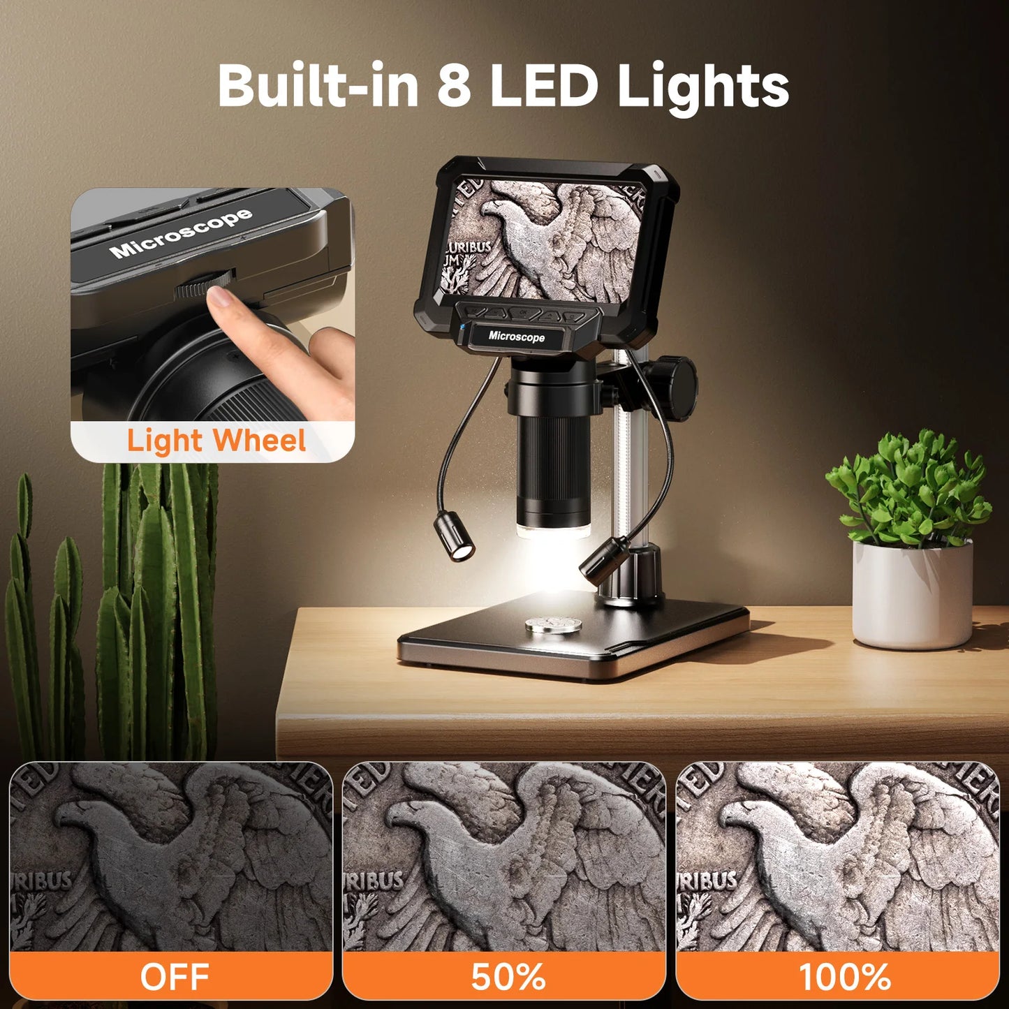 Digital Microscope with 4.3inch IPS Screen 1600X Coin Mirroscope with Lights 1920P HD Video Microscope for PCB, Coins, Plants