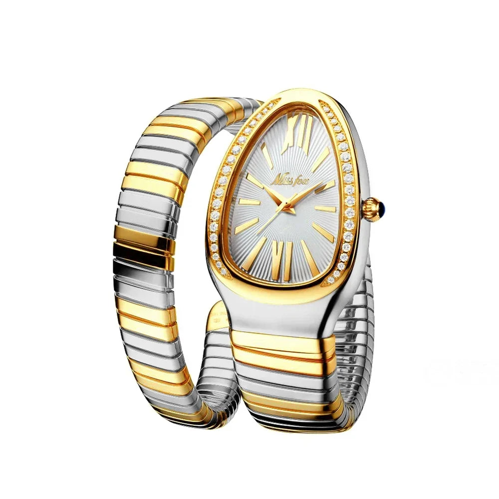 Elegant Snake Shape Women’s Watch - Gold & Silver Scalable Bracelet with Bling Diamonds, Quartz Ladies Wristwatch