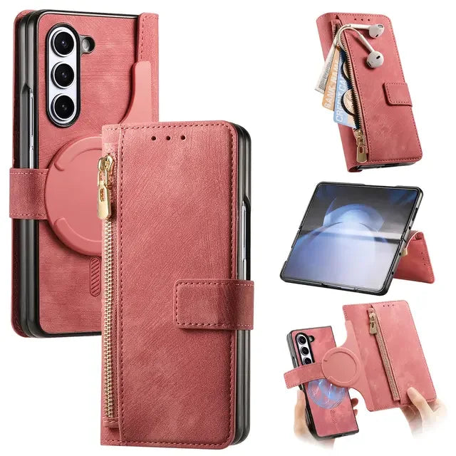 2 in 1 Magnetic Zipper Cards Solt Wallet Leather Case For Samsung Galaxy Z Fold 8 ultra 7 6 5  Wireless Charging Bag Purse Cover