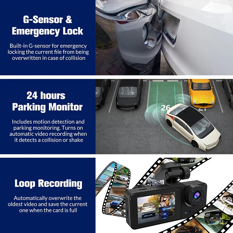 3 Channel Car Camera，Triple Lens WiFi Dashcam, 1080P HD Video Recorder, Night Vision, Car DVR with Wide Angle for Front and Rea