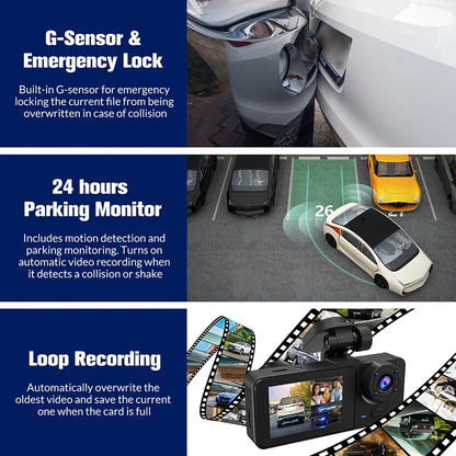 3 Channel Car Camera，Triple Lens WiFi Dashcam, 1080P HD Video Recorder, Night Vision, Car DVR with Wide Angle for Front and Rea