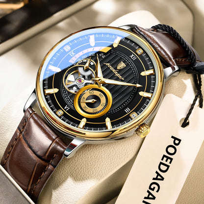 POEDAGAR Fashion Business Men Watch Waterproof Luminous Hollow Tourbillon Male Clock Automatic Mechanical Leather Men's Watches
