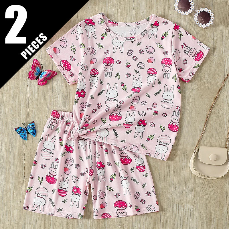 2-Piece Children's Summer Cute cartoon Printed Short-Sleeved Shorts Set for Boys and Girls Casual and Comfortable T-Shirt Shorts