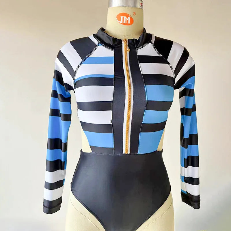New Patchwork One-Piece Swimsuit Long Sleeve Swimwear Sports Backless Women's Swimming Bathing Suit Beach Wear Bather Surfing