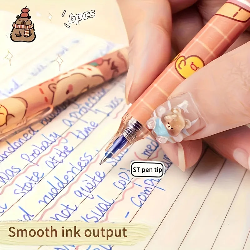 6pcs Cute Capybara Erasable Gel Pens | 0.5mm Retractable Blue Ink for School & Office | Smooth Writing & Quick-Drying (6 Colors)