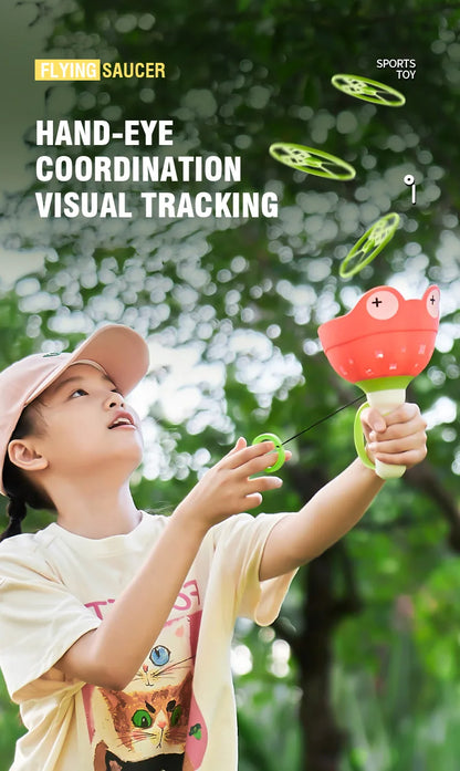 Flying Saucer Disc Launcher Kids Flying Toys Pull String UFO Throw Catch Outdoor Sport Propeller Children Toys Gift For Boy Girl