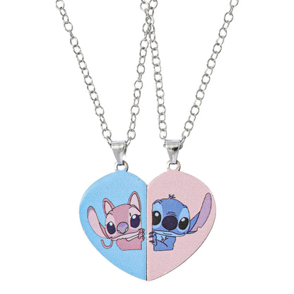 Couple's Stitch Heart Necklace - Gold & Silver Angel And Stitch Cute Style Jewelry Pendant Gift for Girls