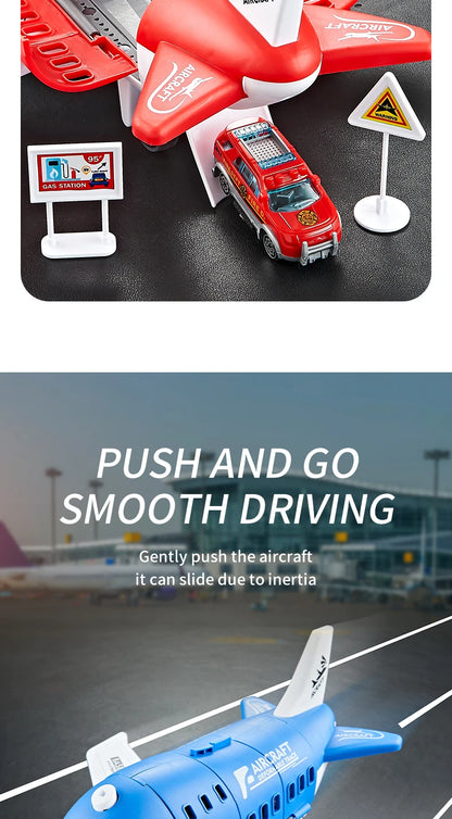 Children's Airplane Car Toy, Inertial Airplane Model, Equipped with 6 Road Signs Random 3 Cars 1 Helicopter, Christmas Gift