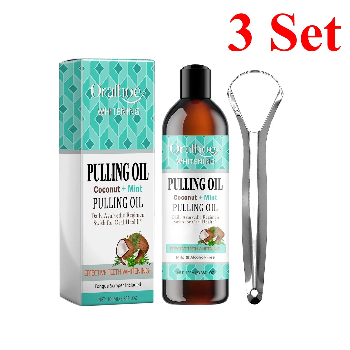 Coconut Mint Pulling Oil Mouthwash Kit With Tongue Scraper Fresh Oral Breath Odor Removal Alcohol-Free Whiten Tool Mouth Care
