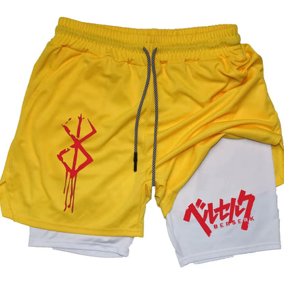 Anime Berserk Performance Shorts Men 2-in- Running Compression Shorts Training Yoga Gym Sportswear Workout Shorts with Pockets