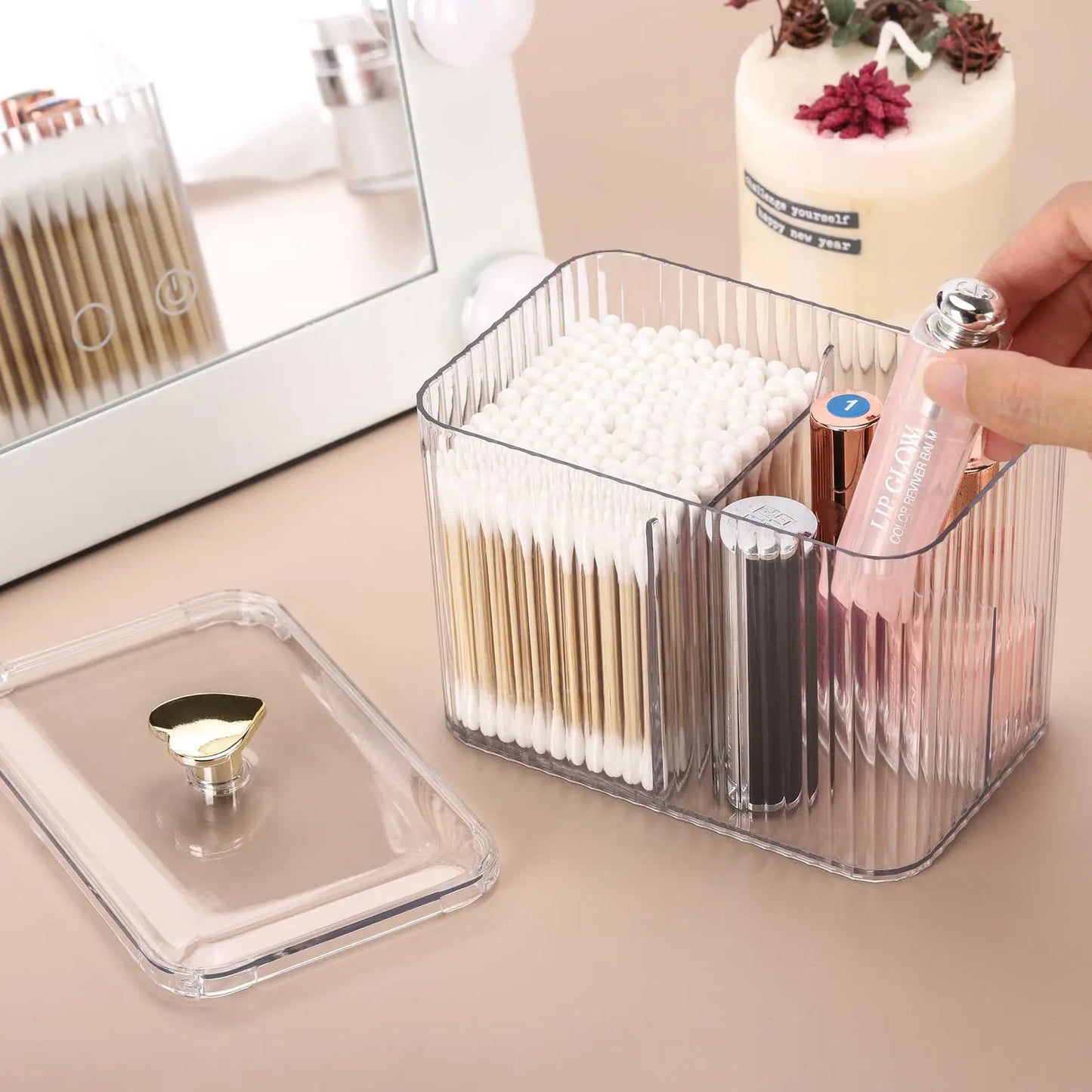 Qtip Holder Dispenser  Clear Bathroom Organizer Jar  Swab/Pad/Ball Holder Container Cosmetics Storage Boxes for Vanity