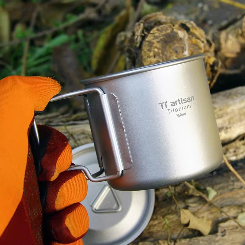Tiartisan 350ml 750ml Tatinium Cup Hiking Tableware Fodable Handle Coffee Cups with lids Lightweight Frosted Cup Mugs