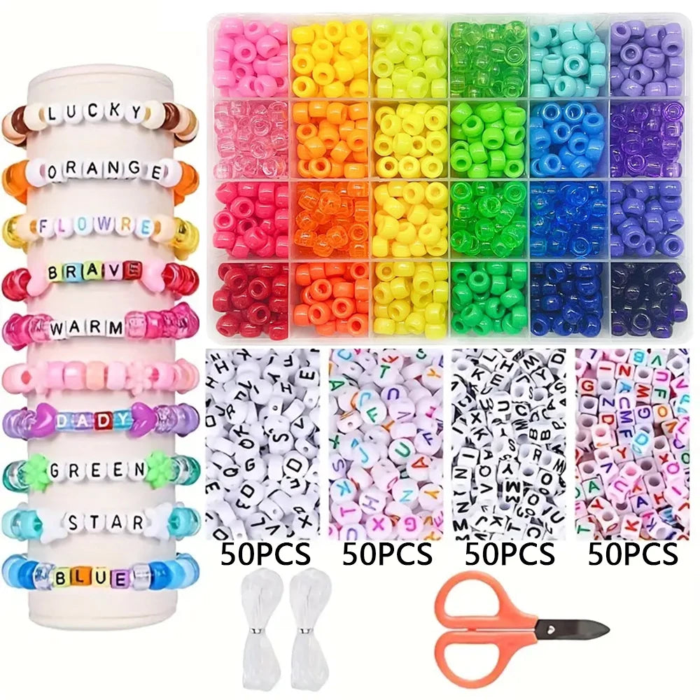 Pony Beads for Friendship Bracelet Making Kit 24 Colors Kandi Beads Set, 720pcs Plastic Rainbow Bulk and 980pcs Letter Beads wit